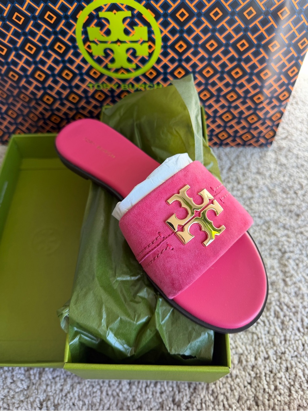 Tory Burch Everly Slide Suede Sandals Fuchsia Pink Size 7 Barbie Barbiecore